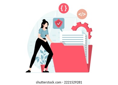 SaaS concept with people scene in flat design. Woman buys software as a service and uses cloud technology to manage files, working with database. Vector illustration with character situation for web