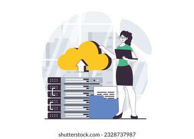 Concepto SaaS con escena de personas en diseño plano para web. Mujer que usa hardware de base de datos para sincronizar y cargar archivos con almacenamiento en la nube. Ilustración vectorial para banner de medios sociales, material de marketing.
