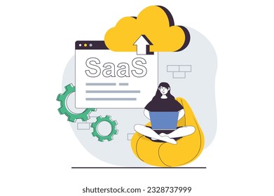 SaaS concept with people scene in flat design for web. Woman uploading data files with cloud tech, works with datacenter using laptop. Vector illustration for social media banner, marketing material.