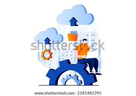 SaaS concept with people scene in flat cartoon design. Man uploading files and computing using cloud technology, programming at laptop. Software as a service. Vector illustration visual story for web