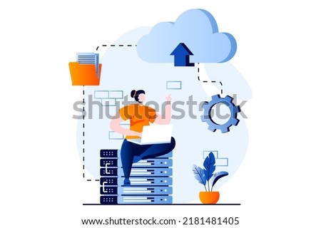 SaaS concept with people scene in flat cartoon design. Woman exchanges files and information and computing using cloud technology. Software as a service. Vector illustration visual story for web