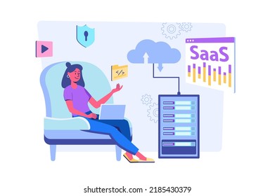 Concepto de SaaS con escena de personas para la web. Woman trabaja en laptop, programación y computación en la nube, usando software como servicio y comprando acceso a programas. Ilustración vectorial en diseño de perspectiva plana