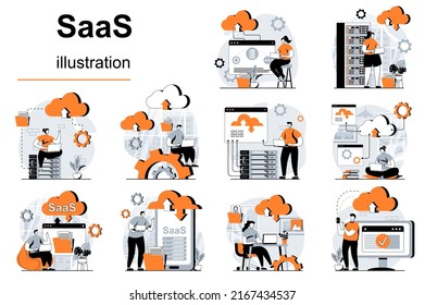 SaaS concept with people scenes set in flat design. Women and men uses programs and cloud processing with subscription. Software as a service. Vector illustration visual stories collection for web
