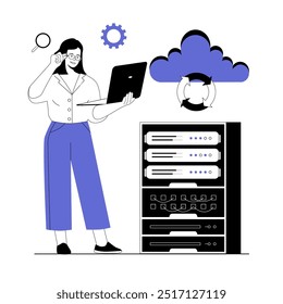 SaaS concept, Software as a service. Cloud computing and storage, online subscription to programs. Vector illustration with line people for web design.	
