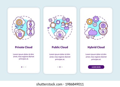 SaaS deployment models onboarding mobile app page screen with concepts. Private, public, hybrid clouds walkthrough 3 steps graphic instructions. UI vector template with RGB color illustrations