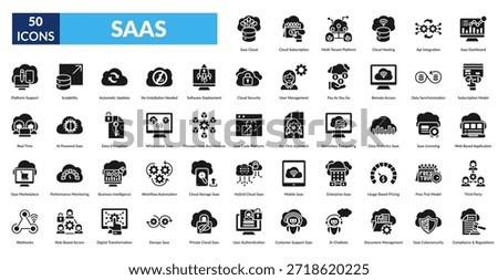 Saas Glyph Icon Set. Cloud, Cloud Subscription, Multi Tenant Platform, Cloud Hosting, Api Integration, Dashboard, Subscription Model, ai chat bots