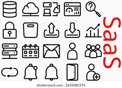SaaS Icon Set – 24 Minimal Line Icons for Cloud Software, Dashboard, Data Storage, User Management, and Web Applications