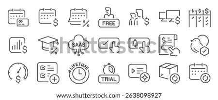 Saas icon set. It included subscription, package, renew, software as a service and more icons. Editable Vector Stroke.