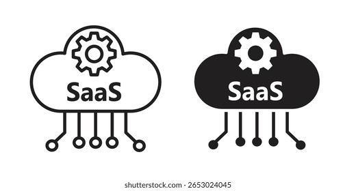 Conjunto de símbolos de icono SaaS en negro. Iconos de línea y planos