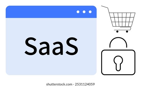 Die SaaS-Anzeige innerhalb eines Webbrowser-Fensters, der Warenkorb und das Vorhängeschloss betonen die Software als Servicemodell. Ideal für E-Commerce, Online-Plattformen, Cybersicherheit, SaaS-Plattformen, Digital