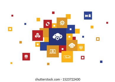 SaaS Infographic 10 steps pixel design. cloud storage, configuration, software, database icons