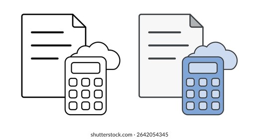 SaaS invoice generator icon with a paper, calculator, and cloud, shown in outline and color styles, ideal for illustrating online billing and automated cloud-based invoicing tools.