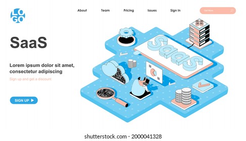 SaaS Isometric Concept. Distribution Of Software By Subscription, Service For Purchasing Licenses And Subscription, Line Flat Isometry Web Banner. Vector Illustration In 3d Design For Landing Page