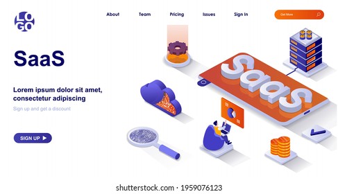 SaaS isometric landing page. Cloud technologies, customer subscription business model isometry concept. Software as a service 3d web banner. Vector illustration with people characters in flat design