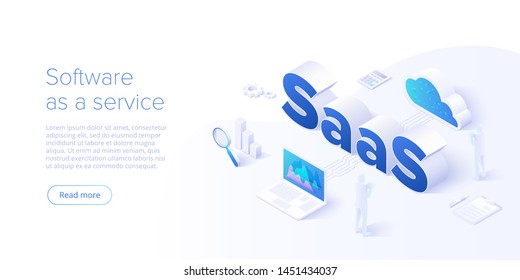 Saas isometric vector illustration. Software as service or on-demand concept background design. Cloud computing segment metaphor. Website banner layout template for webpage.