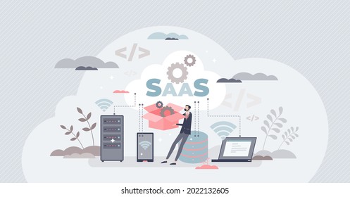 SAAS like software as service or on-demand for business tiny person concept. Online digital app usage with website based technology for remote usage vector illustration. Monthly or annual Subscription