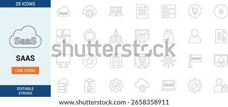 SaaS line icon set with editable stroke. Includes cloud service, user management, dashboard, analytics, subscription, security, integration, and server elements.