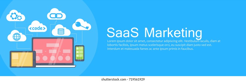 SaaS Marketing Banner. Laptop, tablet and phone, cloud storage with icons. Vector Flat Illustration