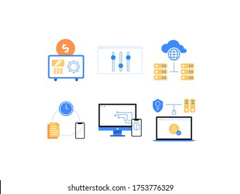 SaaS, PaaS, IaaS y otros servicios de computación en nube ventajas de iconos planos: Ahorro de dinero, personalización sencilla,