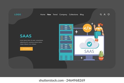 SaaS platform concept with a cheerful user interacting with cloud services and server rack, reflecting the ease of accessing software online. Flat vector illustration