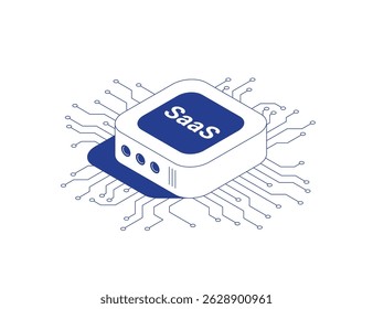 SaaS platform server rack with circuit board tracks below in isometric line contour vector illustration.