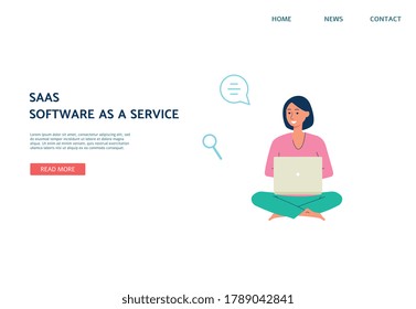 SAAS software cloud services and database sharing website banner template, flat vector illustration on white background. Landing page design with woman using laptop.