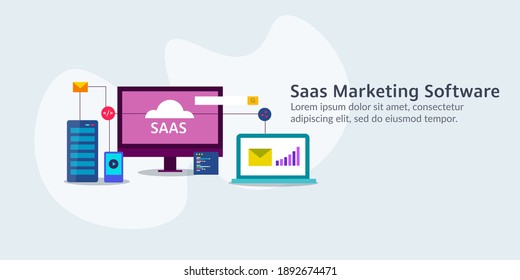 Saas Software license, Cloud system, Software subscription, using software as a service for business marketing - conceptual vector illustration with icons