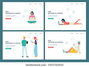 Software SAAS como conjunto de banners de servicio - plantillas de páginas de sitios web de tecnología de Internet con caricaturas que usan computadoras y smartphones, ilustración vectorial.
