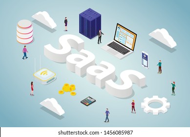 saas software as a service business concept with big word and server database computer app website with isometric modern style - vector