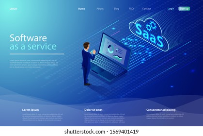 SaaS, software as a service. Cloud software on computers. Cloud software on computers, codes, app server and database. Saas software as a service business concept with character businessman.
