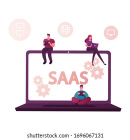 Saas, Software as a Service. Cloud Software on Computers, Mobile Devices, Codes. App Server and Database. Male and Female Characters with Computers and Gadgets. Cartoon People Vector Illustration