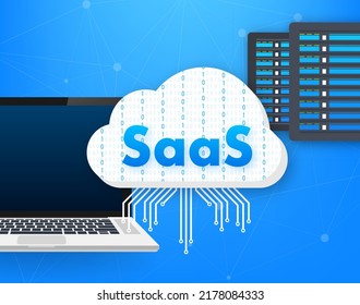 SaaS - Software As A Service. Cloud Sevice, Synchronize. Vector Illustration.