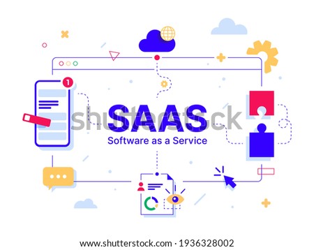 SaaS - Software as a service. Code line of programming internet application. Cloud software on computers with program code on the screen, infographic elements icon, app, virtual screens on white