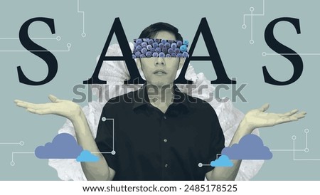 SAAS software as a service collage concept. Man with confuse body gesture, cloud computing technology using application. Vector image for website, banner, poster.