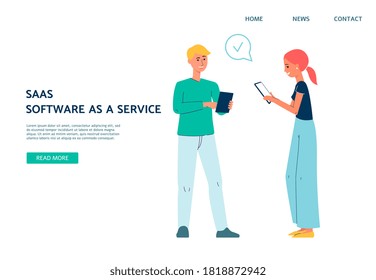 SAAS software as service computer business technology web page template with characters of young people using modern mobile gadgets, flat vector illustration.