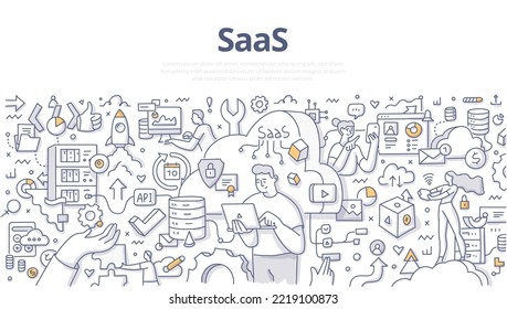 SaaS. Software as a service. Concept of cloud provider delivering an application over internet. Doodle vector illustration