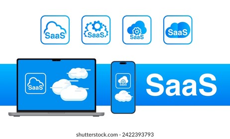 SaaS - Software as a service concept. Digital Web Server and Data Center Services, Cloud service, synchronize. Vector illustration.