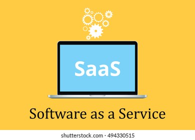 saas software as a service concept with laptop and poster text with gear icon