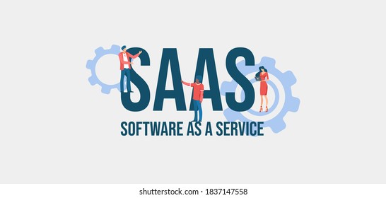 SAAS Software as a service. Informational online communication social media marketing technologies promotional email messages and web video reference for advertising and user support vector.