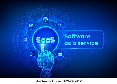 SaaS. Software as a service. Internet and technology concept on virtual screen. Development Concept. SAAS Computing IOT Industry. Robotic hand touching digital interface. Vector illustration.
