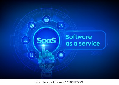 SaaS. Software as a service. Internet and technology concept on virtual screen. Development Concept. SAAS Computing IOT Industry. Robotic hand touching digital interface. Vector illustration.