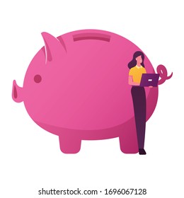 Saas, Software as a Service Internet Technology Concept. Female Character Working on Laptop Stand at Huge Piggy Bank. Cloud System Network, Program App Subscription. Cartoon Vector Illustration