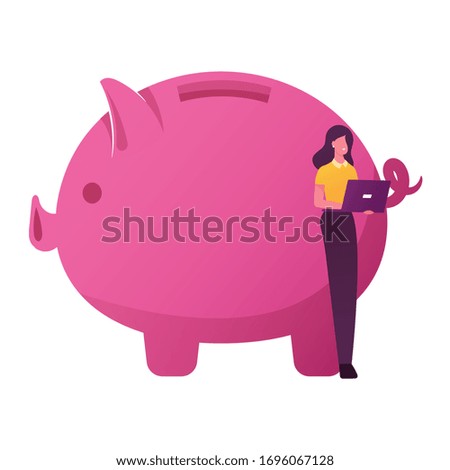 Saas, Software as a Service Internet Technology Concept. Female Character Working on Laptop Stand at Huge Piggy Bank. Cloud System Network, Program App Subscription. Cartoon Vector Illustration