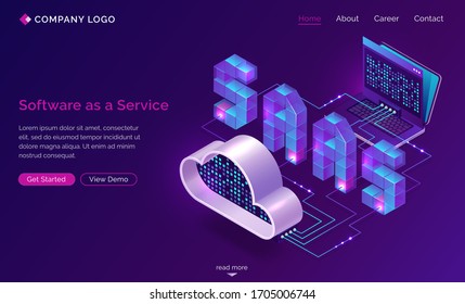 Saas, Software As A Service Isometric Landing Page. Technology For Using Digital Computer Programs Via Internet Access And Subscription System. Laptop Connected With Cloud Storage 3d Vector Web Banner