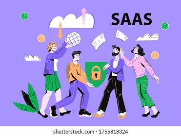 Saas Software as service or on-demand concept with people characters. Cloud computing technology.  Website banner layout template for webpage vector illustration.