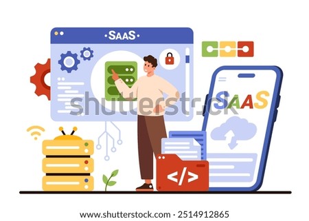 SaaS, software as service. Tiny customer working with cross platform for digital business, smart mobile app for phone with subscription of clients, cloud computing cartoon vector illustration