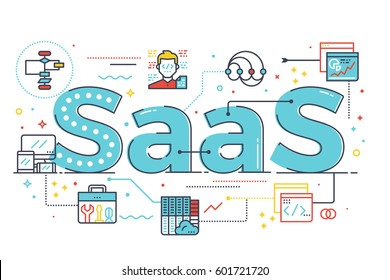 SaaS : Software as a service, word illustration for business concept. Design in modern style with related icons ornament concept for ui, ux, web, app banner design