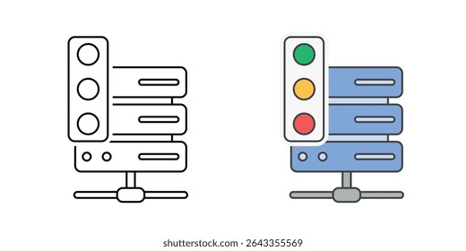 SaaS status page icon with a server and traffic light indicators, in outline and color styles, ideal for representing service availability, uptime monitoring, and real-time system status