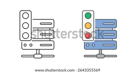 SaaS status page icon with a server and traffic light indicators, in outline and color styles, ideal for representing service availability, uptime monitoring, and real-time system status
