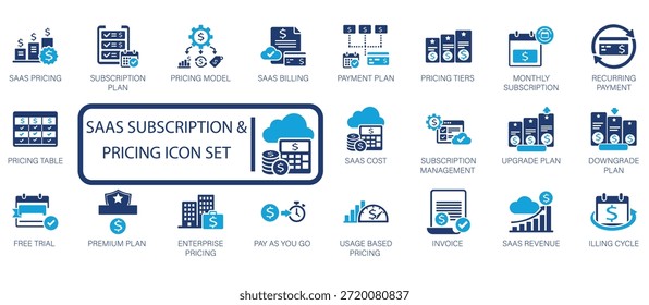 SaaS subscription and pricing icon set featuring payment plans, billing cycles, monthly subscriptions, enterprise pricing, software costs, and recurring payment model symbols.